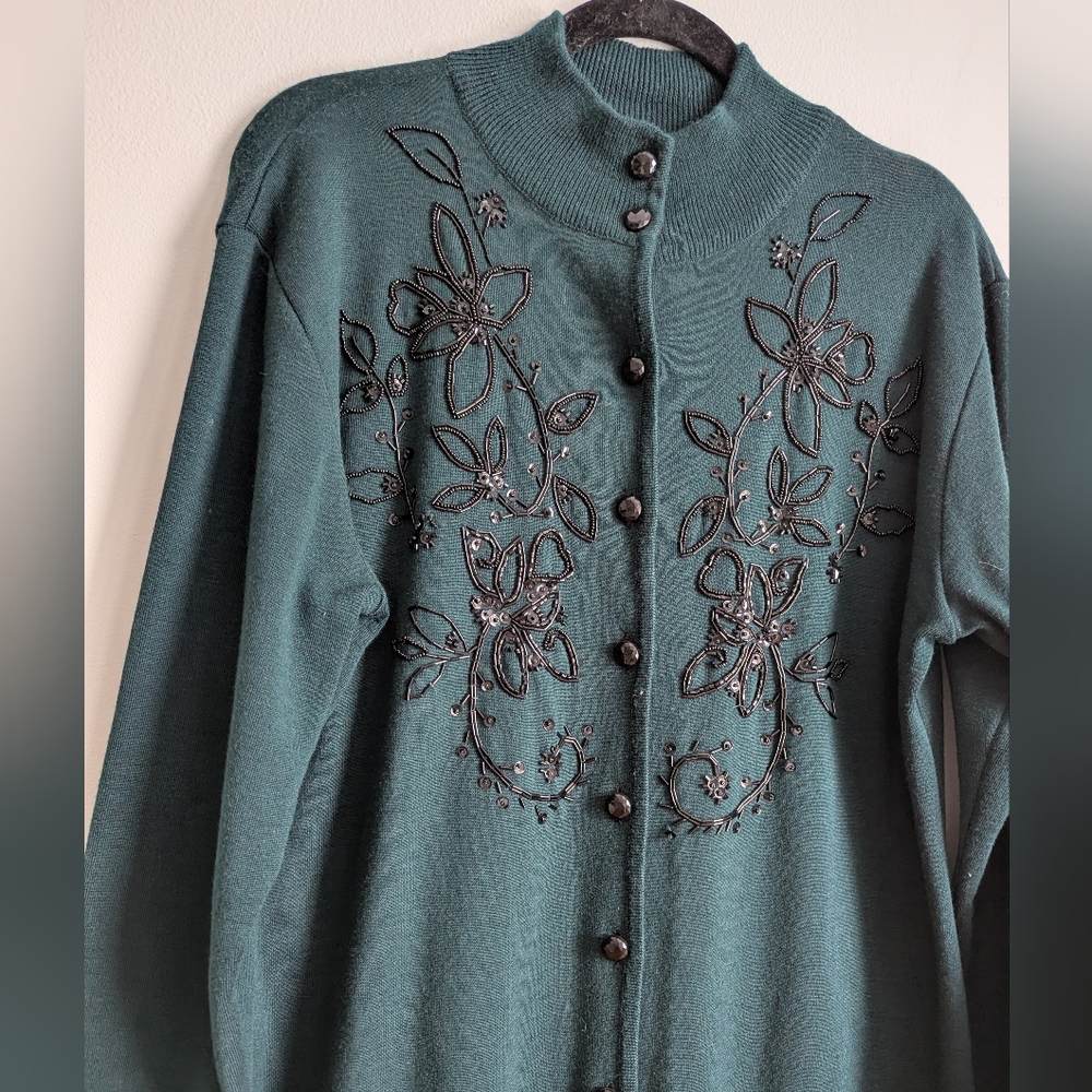 VTG Liz Claiborne Wool Blend Green Beaded Button Down Sweater Dress Maxi Size L